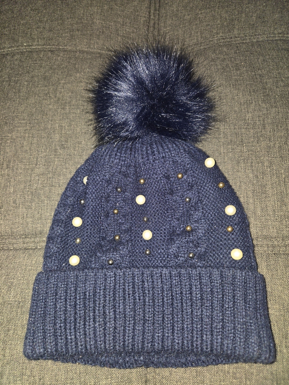 Women's Navy Pom-Pom Beanie with Pearl Accents
